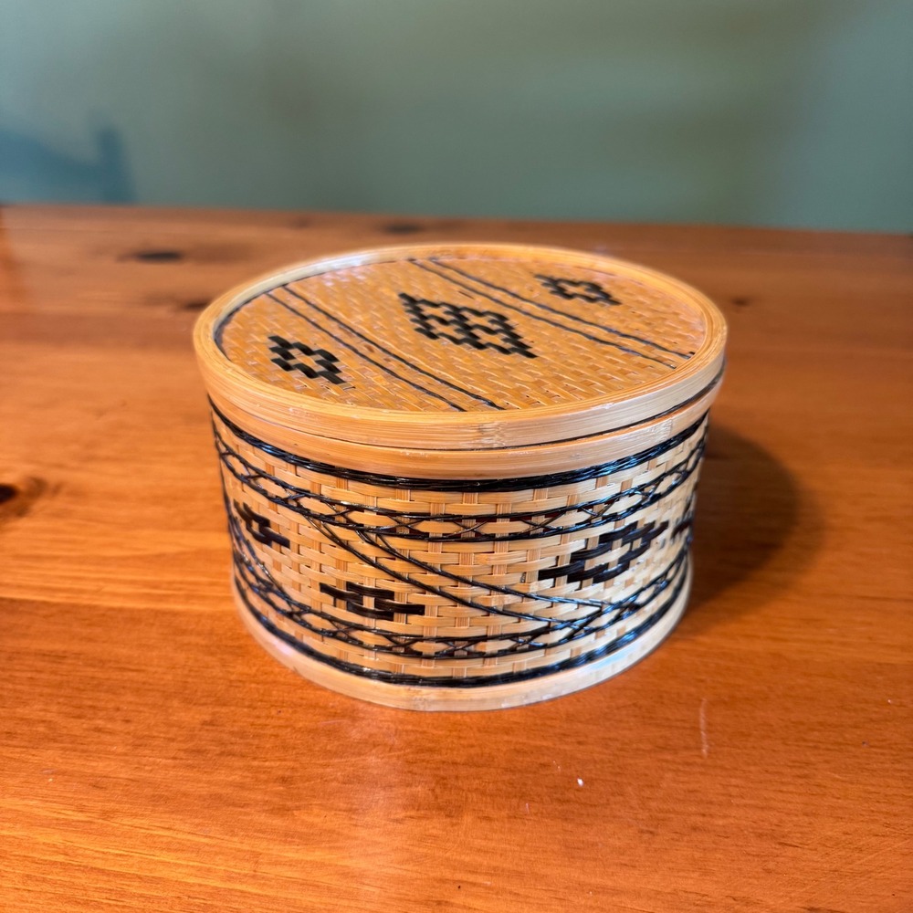 Handwoven Trinket Box Round Woven Basket with Lid Black Geometric Pattern